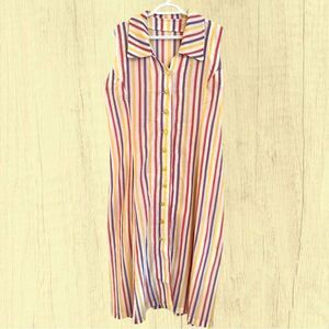 Vintage vertical striped button down midi dress sleeveless collar